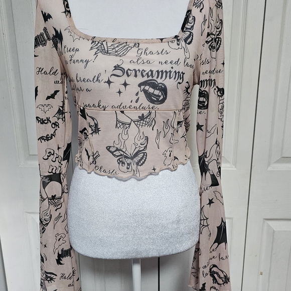 ​🖤 Spooky Tattoo Print Mesh Crop Top 🖤 - Picture 3 of 5